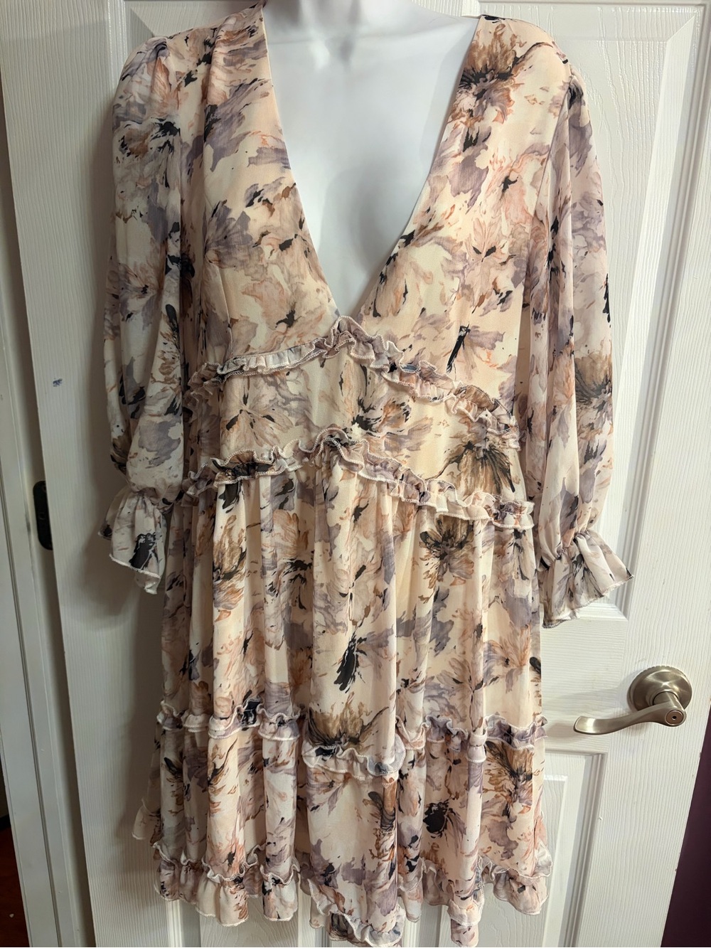 Long Sleeve Blush Floral Ruffle Tiered V-Neck Dress